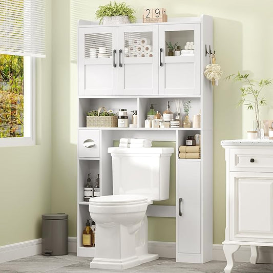 Over The Toilet Cabinet,Farmhouse Toilet Cabinet Rack with 3 Acrylic Doors and Adjustable Storage Shelf,Space Saving Bathroom Organizer with Toilet Paper Holder Stand for Restroom, Laundry，White