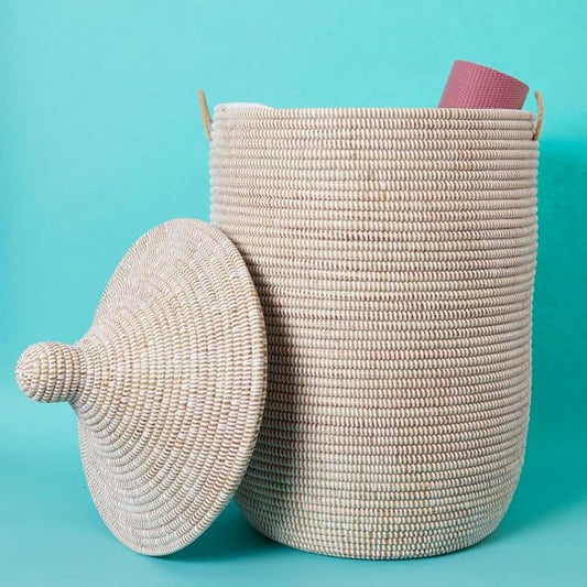 Large Wicker Basket with Lid, Living Room Decor, Blanket Storage for Living Room, White Hamper, Woven Storage Bin, African Baskets with Handles, Coil Style Weaving, Made in Senegal, 18" W, 23" T