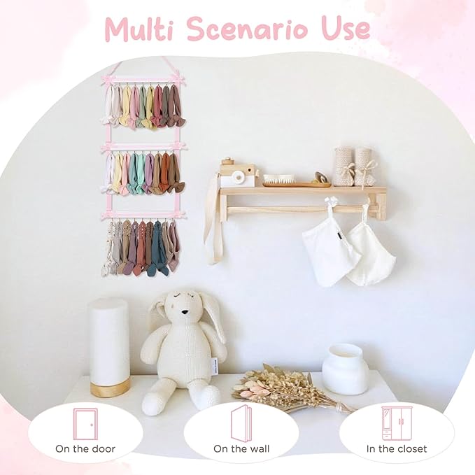 POVETIRE Headband Holder for Baby Girls, Hanging Headband Organizer Nylon Hairband Storage, Wall Hair Accessories Organizer Display for Nursery Room Decor