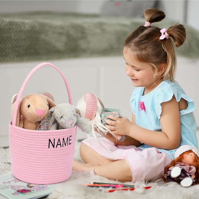 Personalized Easter Basket for Kids with Name - Custom Cute Embroidery Easter Bunny Rope Basket for Boys Girls, Easter Egg Hunt Basket (Purple)