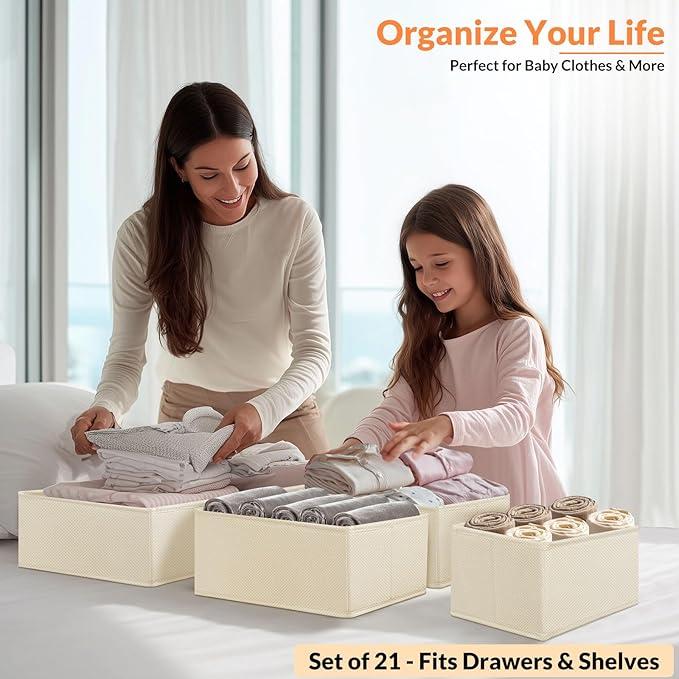 Drawer Organizer Clothes, 21 Pack Dresser Organizer for Baby Clothes, Underwear, Socks, 3 Sizes Foldable Closet Organization and Storage Bins for Nursery, Bedroom (Light Beige)