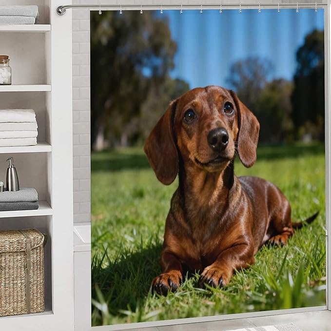 4 Piece Bathroom Rug Set with Shower Curtain, Non-Slip Bath Mat Toilet Cover Set, Dachshund Sitting Bathroom Rug Sets