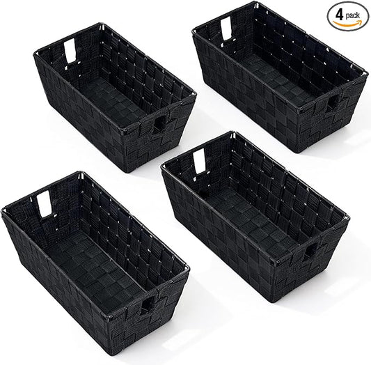 homyfort Black Storage Baskets for Shelves, Woven Shelf Baskets for Organizing, Small Strap Organizer Basket for Bathroom Storage, Set of 4