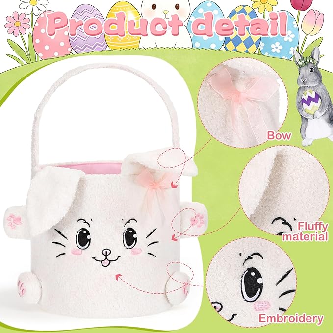 Mimorou 3 Pack Plush Bunny Easter Basket Sherpa Easter Bucket with Rabbit Ears Decorative Bow Large Bunny Tote Bags Ideal for Egg Hunt, Party Favors, Decorations & Storage(White)