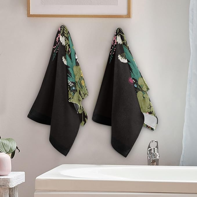 2 Pcs Green Herbs Wild Flower Decorative Hand Towels for Bathroom,Soft Absorbent Vintage Spring Floral Botanical Black Dish Towels for Kitchen,Quick Dry Guest Bathroom Towels for Face 14"x28"