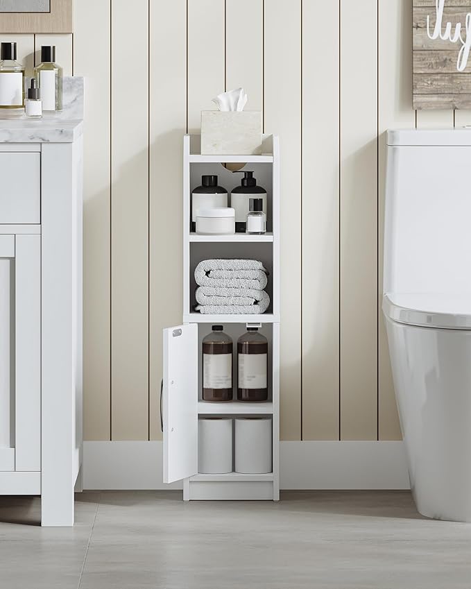 Bathroom Storage Cabinet, Small Farmhouse Corner Floor Cabinet with Door and Shelves, Narrow Toilet Paper Holder Stand, Bathroom Organizer with Adjustable Shelf, for Small Spaces, White