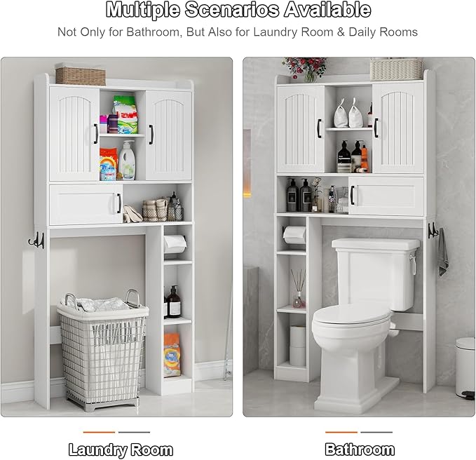 Vabches Farmhouse Over The Toilet Storage Cabinet with 2 Barn Doors & Sliding Door, Over The Toilet Bathroom Organizer with Open Storage Layer and Adjustable Shelves & Hooks.White