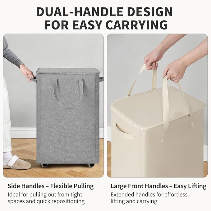 Goodpick Laundry Basket with Wheels and Lid, 75L Rolling Laundry Hamper with Removable Wash Bag and Handles, Collapsible Large Tall Dirty Clothes Hamper for Bathroom Dorm, Light Grey