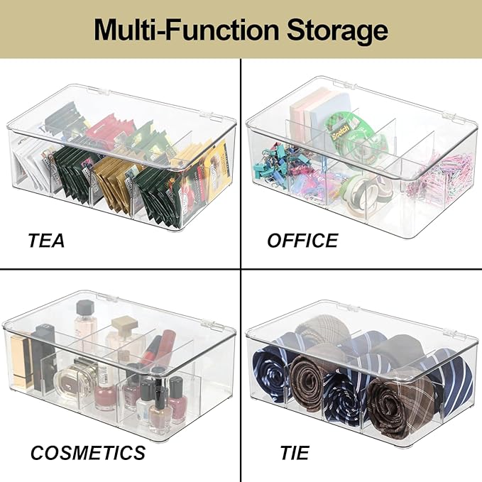 Plastic Clear Storage Containers, Set of 2 Tea Bag Organizer Boxes 8 Compartments with Lids, Underwear Tie Drawer Organizer, Dresser Organizer (10.8×7×3.7")