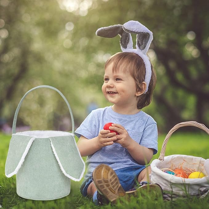 Easter Bunny Basket, Cute Easter Bucket Bags with Rabbit Ears for Easter Eggs Hunting, Plush Easter Bunny Basket, Easter Tote Bags for Candy Storage Decorations (Green)