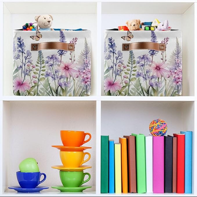 YETTASBIN Herbal Wildflowers Storage Basket 2pc, Large Collapsible Toys Clothes Organizer, Durable Canvas Storage Bin with Handle for Shelves Closet Laundry Home Office Decor