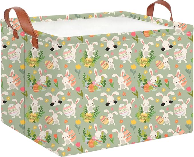 CLOCOR Rectangular Easter Gift Basket Empty,Waterproof Storage Basket with Handles,Room Decor(Pink Flower Easter Egg)