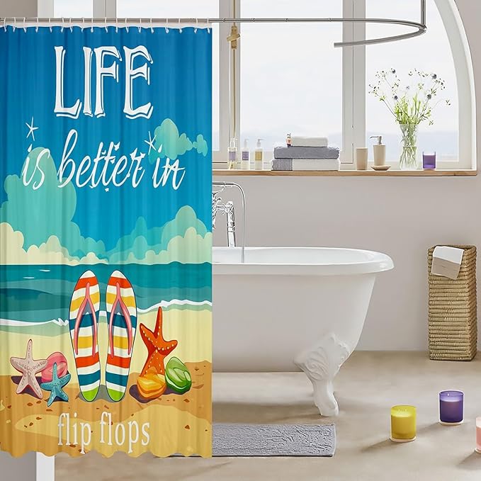 Hawaii Beach Bath Curtain 72" Wx72 L,Kawaii Shower Curtain Summer Holiday Starfish On Ocean Beach Sand Shower Curtain Set for Kids Girls,Tropical Bathroom Accessories Life is Better in Flip-Flops