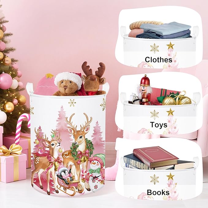Pink Santa Claus Baby Laundry Hamper Christmas Clothes Kids Storage Basket Large Poinsettia Reindeer Sleigh Snowflake Girls Gift Toy Box Bin, Tree, 63L