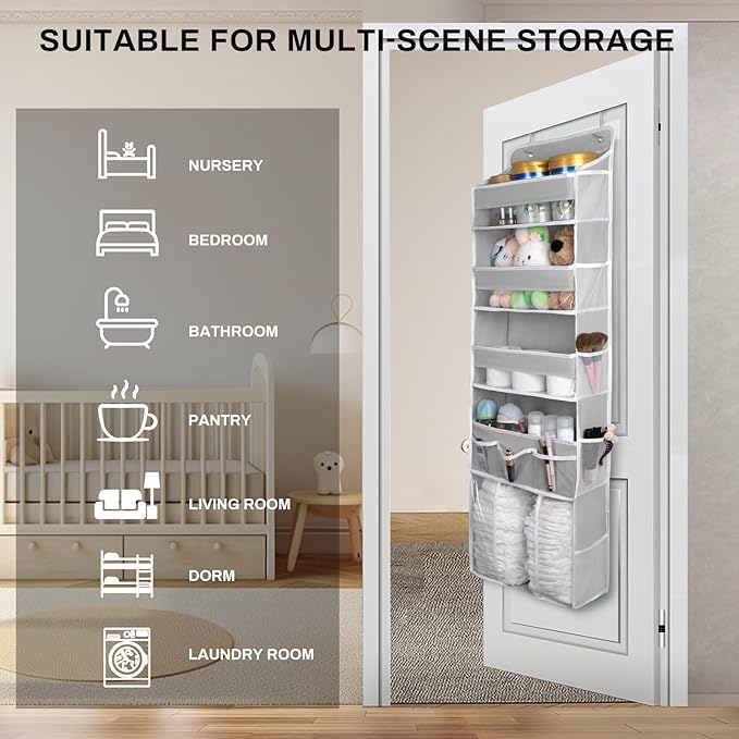 Over The Door Organizer, 5 Tiers Hanging Nursery Storage Closet Organizer with Movable Shelf, Large Capacity Caddy, 10 Side Pockets, Back of Door for Bedroom Bathroom Dorm Decor, Grey