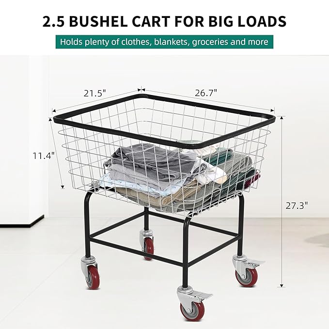 Wire Laundry Cart with Wheels, 2.5 Bushel Rolling Laundry Basket, Commercial Basket Carts for Laundry Room, Hotel, Home, Apartment Use, Durable Steel Frame with Galvanized Finish, 5" Casters