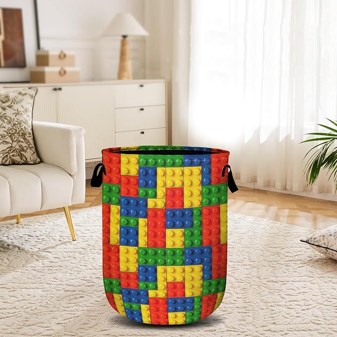 Colorful Building Blocks Laundry Basket, Laundry Hamper Collapsible Oxford Cloth with Handle Clothes Toy Storage Bin for Bathroom Laundry Room Bedroom 15.7 X 20 Inch
