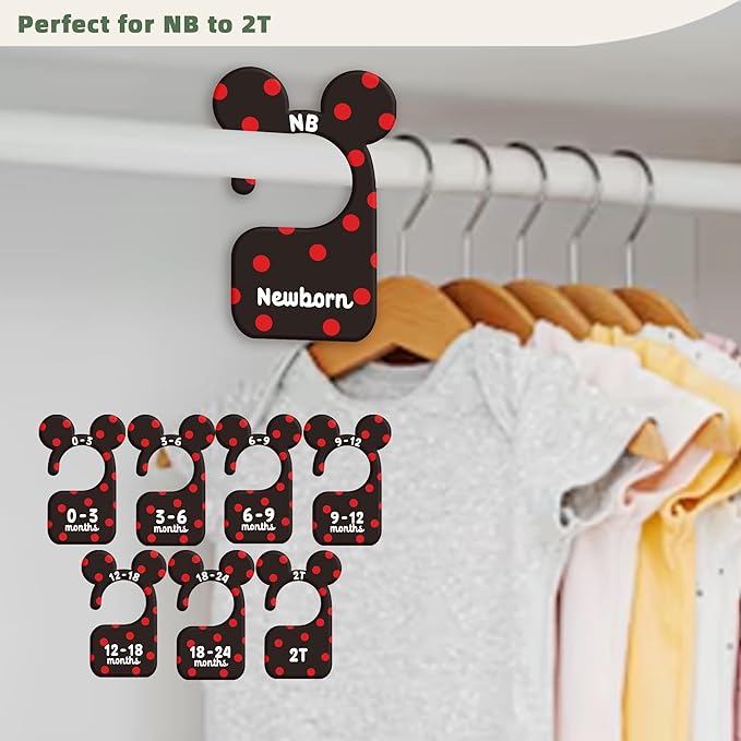 JMOST Baby Closet Dividers for Nursery Closet Organizer, Newborn to 24 Months Size Clothes, Cute Black Red Hangers with Size Dividers, Double Sided