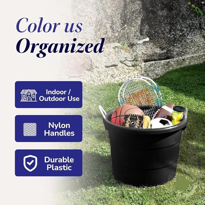 20 Gallon Storage Tub, Round Heavy Duty Plastic Container with Rope Handles, 21.5 x 21.5 x 16.5 inches (Black)