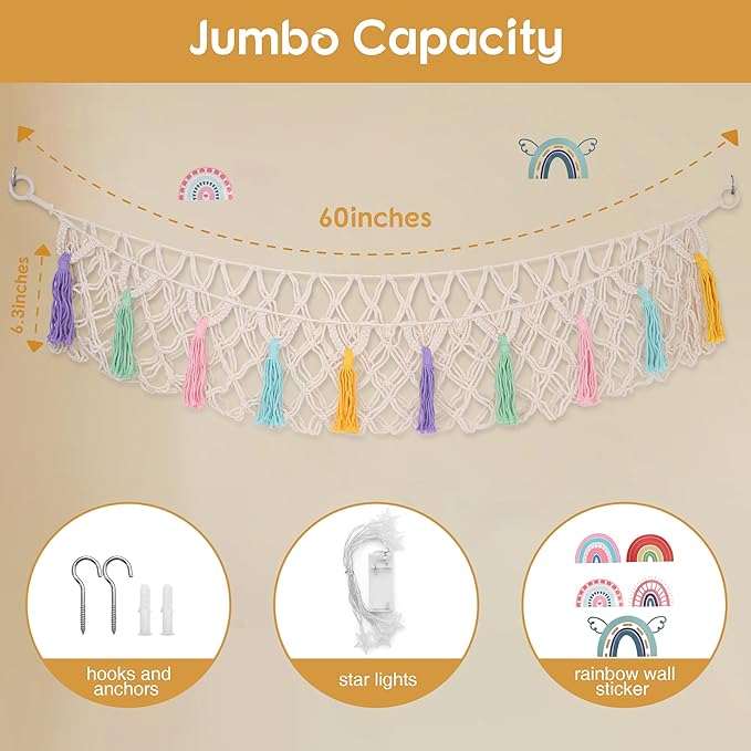 Stuffed Animal Net or Hammock, Large Stuffed Animal Storage Macrame Toy Hammock Hanging Corner Net for Stuffed Animals, Plushie Net Hammock with Star Lights for Boho Kids Room Nursery Playroom Decor