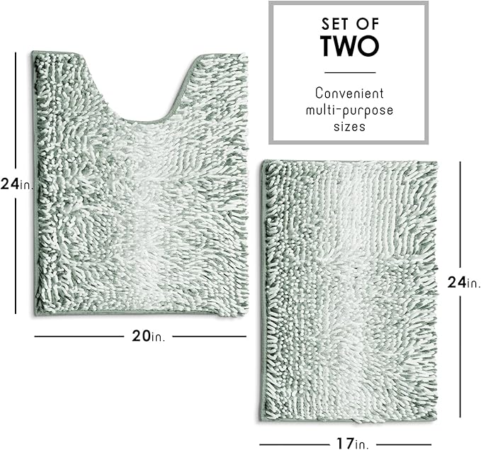 Hearth & Harbor Bathroom Rugs, Chenille Bath Mat - Machine Washable Bath Mats for Bathroom Non-Slip Backing Rubber, Quick Dry Bathroom Mat, 17 x 24 + 20 x 24 - Ombre Green