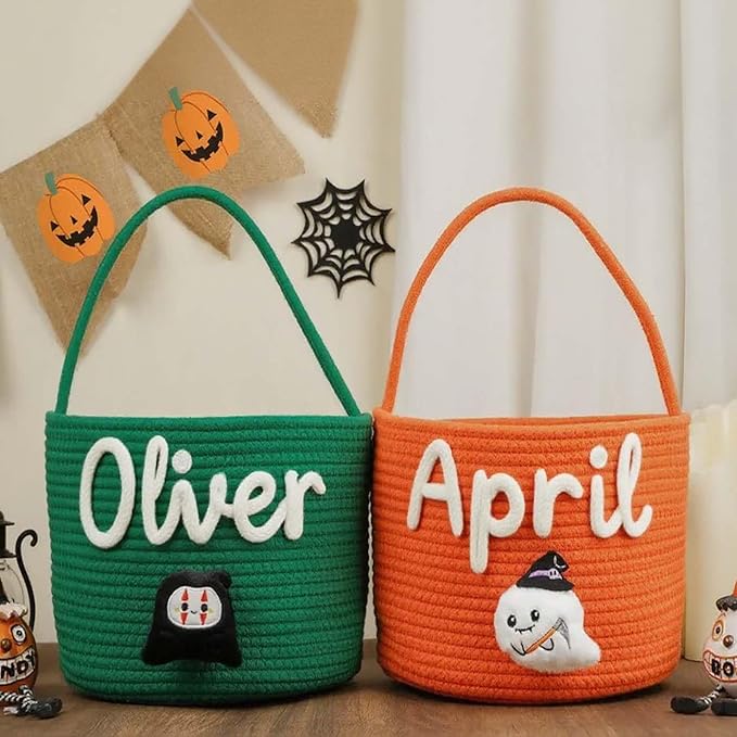 Personalized Halloween Candy Bucket, Custom Baby Name Trick or Treat Baskets Customized Monogrammed Cotton Tote Basket Toys Storage Basket Gifts for Boys Girls Halloween
