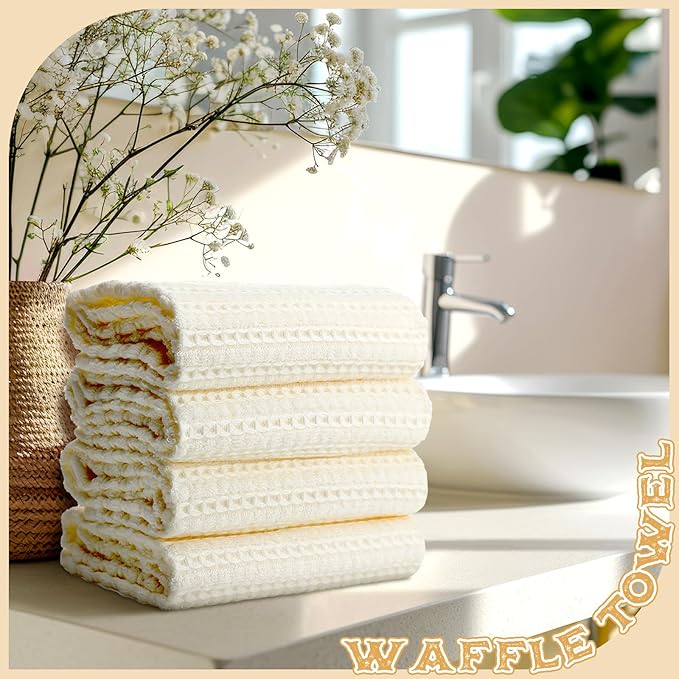 4 Pack Cream Hand Towels Waffle Striped Pattern 100% Cotton Soft Hand Towels for Bathroom 13 x 29 Inch Absorbent Waffle Washcloths for Bathroom Kitchen