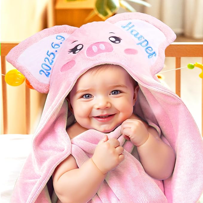 Baosity Custom Hooded Baby Towel with Name, Soft and Absorbent Customized Pig Toddler Towels, Baby Bath Towels for Boys and Girls, Easter Birthday Towel for Kids，Babies, Toddlers, Newborns Essential
