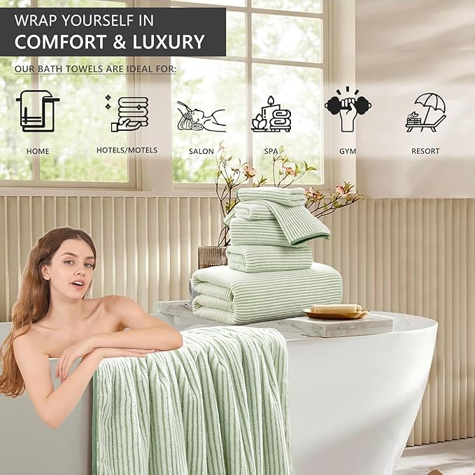 4 Piece Bath Towel Set 35"x70"Oversized Bath Towel for Bathroom Ultra Soft Fluffy Extra Large Bath Sheet Luxury Premium Bathroom Towel Highly Absorbent Quick Dry Shower Towel for Hotel Spa,Green White