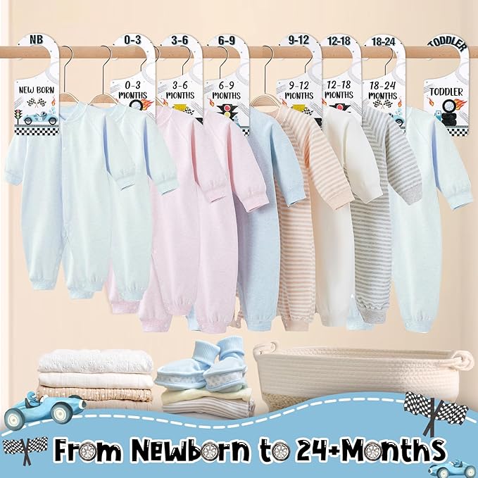 Baby Closet Dividers 8PCS, Racing/Race Car Theme Wooden Double-Sided Clothes Size Hanger Organizer from Newborn to Toddler for Nursery Decor Baby Shower Birthday Gift (Includes Gift Box)