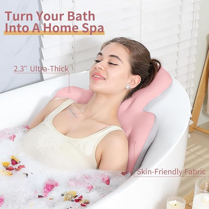 Luxury Bath Cushion, Full Body Bathtub Pillow with 160 Suction Cups, Bath Mat for Head and Neck Support, with Laundry Bag (Light Pink, 60" x 16")