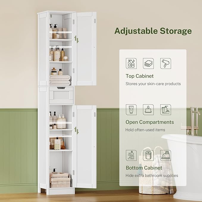 WEENFON 67 Tall Bathroom Cabinet with 6 Shelves & 1 Drawer, Narrow Storage Cabinet with Adjustable Shelves, Silm Cabinet for Living Room, Kitchen, White