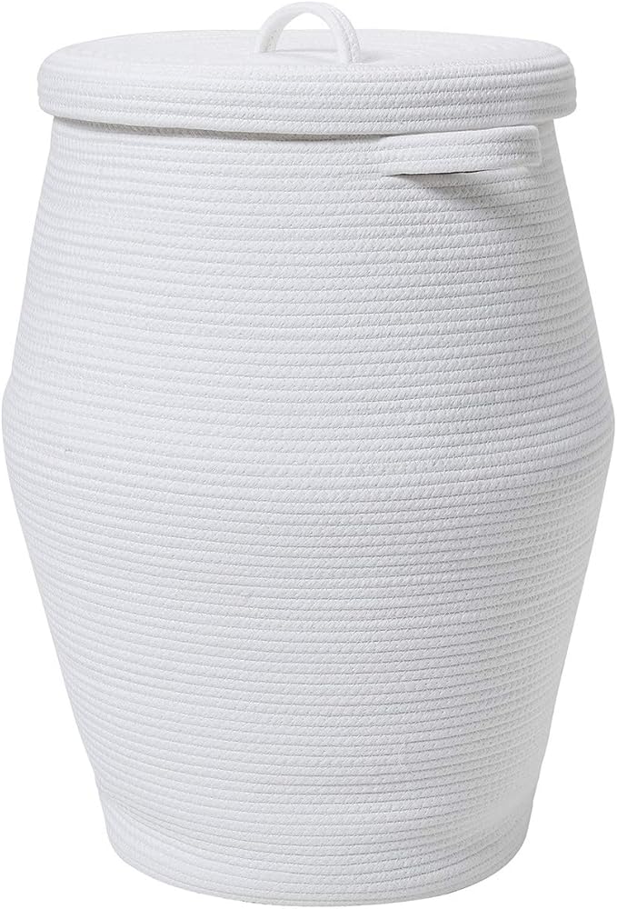 26" x 20" Handcrafted Tall Cotton Rope Basket with Lid, Stylish Flagon Shape with Cover, Clothes Hamper with Top, for Bedroom and Living Room, All White