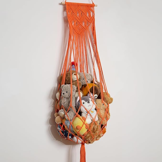 Stuffed Animal Hammock Wall Hanging Net for Stuffed Animal Net Stuffed Animal Storage Plush Toy Holder Toy Organizer for Boho Kidroom Nursery (Orange Color)