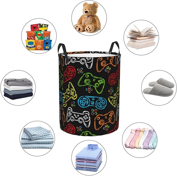 Game Joysticks Colorful Silhouettes Round Laundry Hamper Gaming Theme Storage Basket Toys Clothes Organizer Bin For Home Bathroom Bedroom Dorm Nursery, 62l