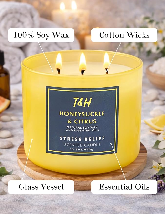 Honeysuckle Citrus 3 Wick Candle for Home Scented | 15.8 oz Large Soy Candle | Lemon Citrus Floral Scented Candle Strong | Aromatherapy Stress Relief Relaxation Candles | Gift for Women & Men