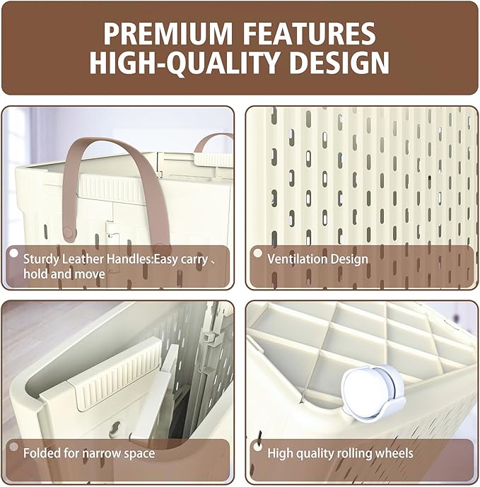 UAK Plastic Laundry Basket with Wheels & Handle, 67L Heavy Duty Foldable Laundry Hamper – Easy Clean Waterproof Rolling Organizer for Bathroom & Laundry Room, Ivory