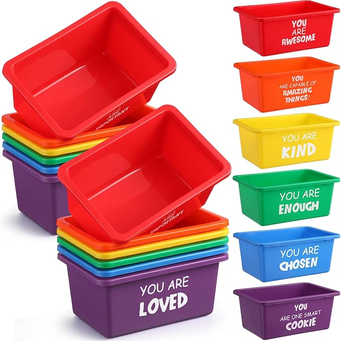 Thyle Plastic Cubby Bins with Labels 11.6 x 7.7 Inch Classroom book bins Stacking Storage Container Organizer Storage Cubbies for Classroom Office(Inspirational,Bright Color,12 Pieces)