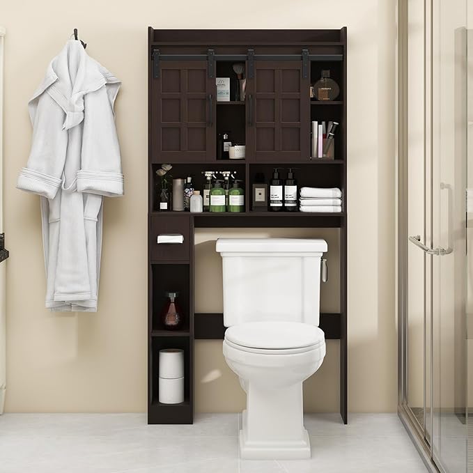 Over The Toilet Storage Cabinet, Farmhouse Storage Cabinet Over Toilet with Sliding Doors，Home Space-Saving Toilet Rack, for Bathroom, Restroom, Laundry. Espresso