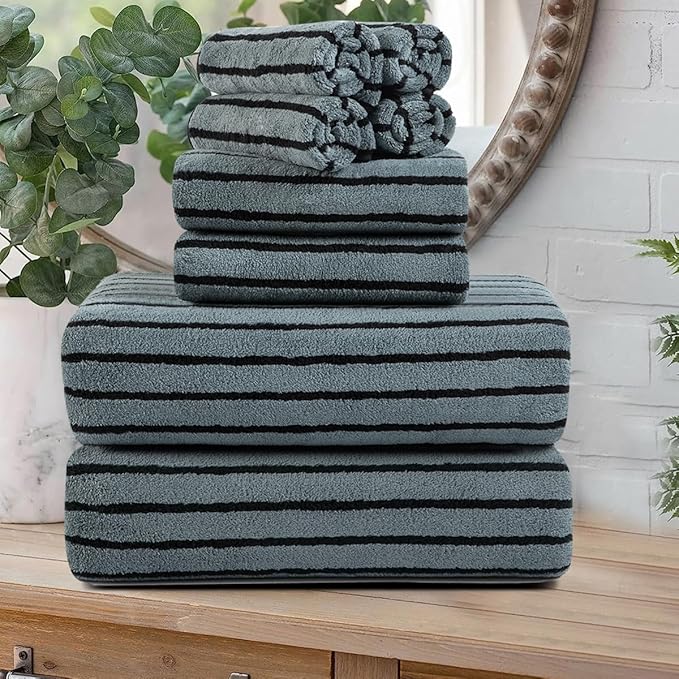 8 Pcs Grayish Blue Cabana Stripe Large Bath Towel Oversized Bath Sheet-2 Bathroom Towels,2 Hand Towels,4 Washcloths Soft Jumbo Absorbent Shower Towel Quick Dry Beach Chair Spa Gym Hotel Towel