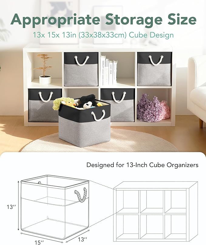 13x15x13 Storage Cube Bins, Heavy Duty Foldable Fabric Storage Bins with Handles and Metal Frame, 6 Pack Large Closet Organizer Bins for Clothes, Socks, Towels, Black Grey