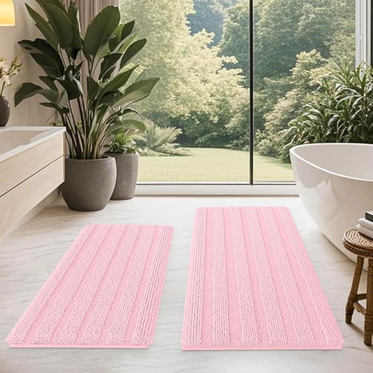ACCUMTEK Christmas Striped Pink Bathroom Rug Mat Set 2 Piece 32"x20"+24"x17" Ultra Soft, Non Slip Chenille Bath Rugs, Absorbent Plush Shaggy Bath Mats for Bathroom, Bedroom, Kitchen, Shower, Tub