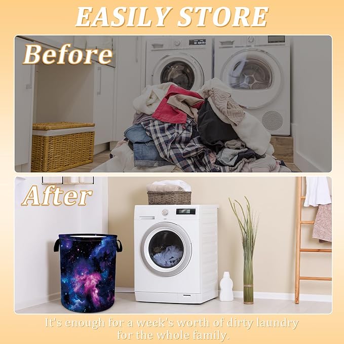Purple Galaxy Space Laundry Basket, Space Laundry Hamper, Oxford Waterproof Foldable Clothes Storage Bin, Toy Organizer Basket for Bathroom/Household/College Dorms 15.7"x19.6"