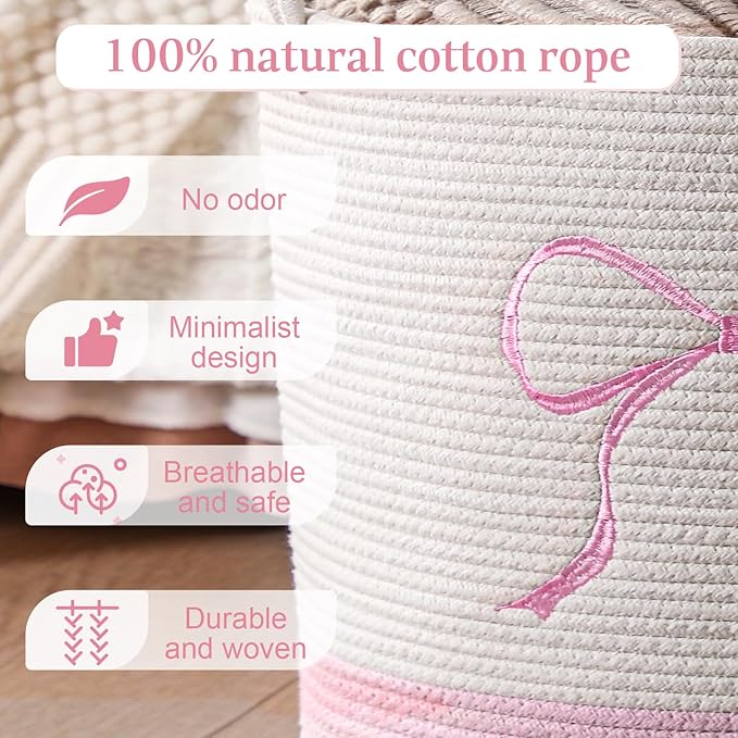 Honeydak Pink Laundry Basket Bow Hamper Cotton Rope Pink Laundry Hamper 13 x 20 Inch Toy Box Large Coquette Bow Girly Nursery Basket Storage for Bedroom Bathroom Blanket Toys Clothes Organization