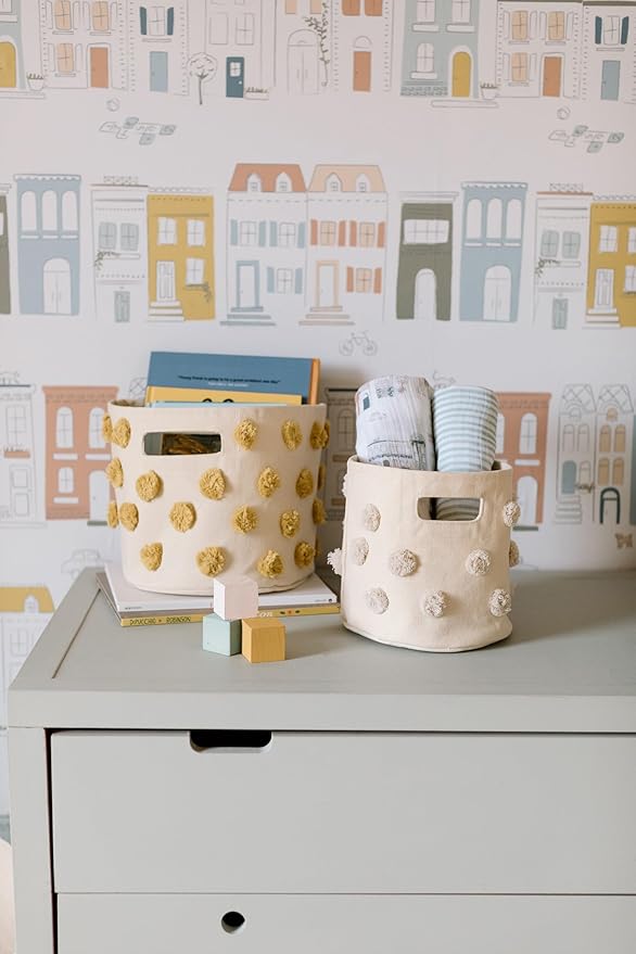 Pehr Pom Pom Trio Bundle, Grey | Bin, Pint & Mini | 100% Cotton Canvas, Handmade Decorative Organizers | Stylish Nursery & Playroom Storage, Durable & Functional