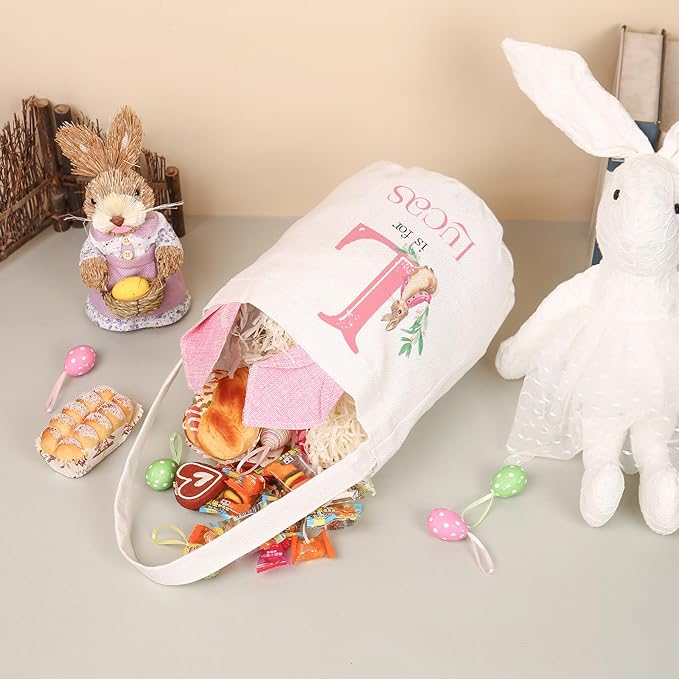 Personalized Name Easter Basket, Bunny Basket for Kids, Easter Bunny Bag for Boys Girls, Egg Hunt Bucket, Party Favors (Style C)