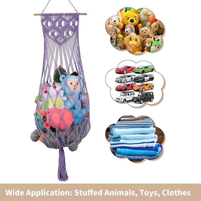 Stuffed Animal Storage Net, 63’’ Jumbo Stuffed Animal Hammock Corner Wall Ceiling Over Door Hanging Toy Hammock Organizer, Purple Boho Macrame Plushie Toy Net w/ LED Lights for Baby Boys Girls Gift