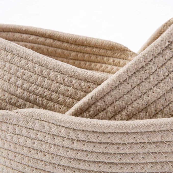 Cotton Rope Handmade Woven Home Storage Household Candy Toys Storage Basket Sundries Collection Box Candy Snack Food Tray SML Pack of 3 (Oval, Beige)