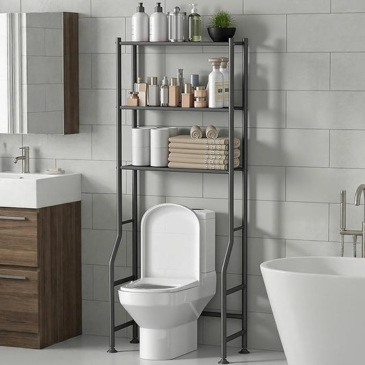 3-Tier Over The Toilet Storage Rack, Space Saver Metal Bathroom Shelves, Freestanding Over Toilet Bathroom Organizer for Bathroom/Living Room, Black