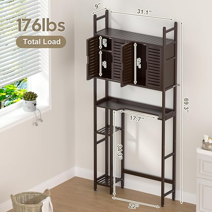 Over The Toilet Storage Cabinet with Paper Holder Stand,Bamboo Bathroom Organizer Shelf with Four Door and Waterproof Feet Pad,Space Saver Rack with Anti-Tip Design (Brown)